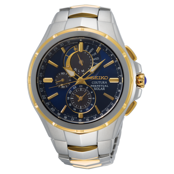 Seiko Gents Bitone Couture Perpetual Solar Blue Face Watch SSC798P