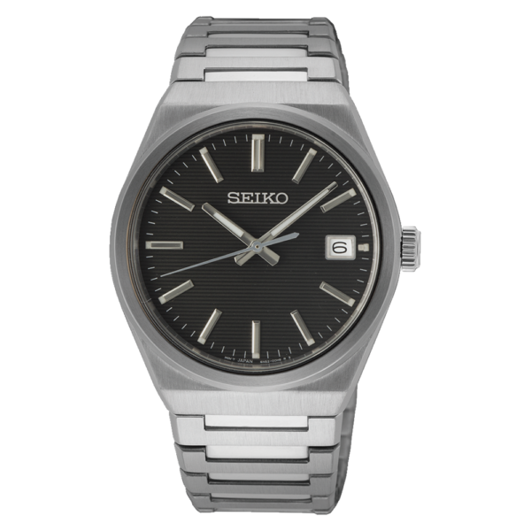 Seiko Gents Stainless-Steel Black Face Dress Watch SUR557P